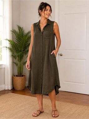 Anthropologie Sleeveless Linen Blend Shirt Dress Minimalist Boho Midi S
